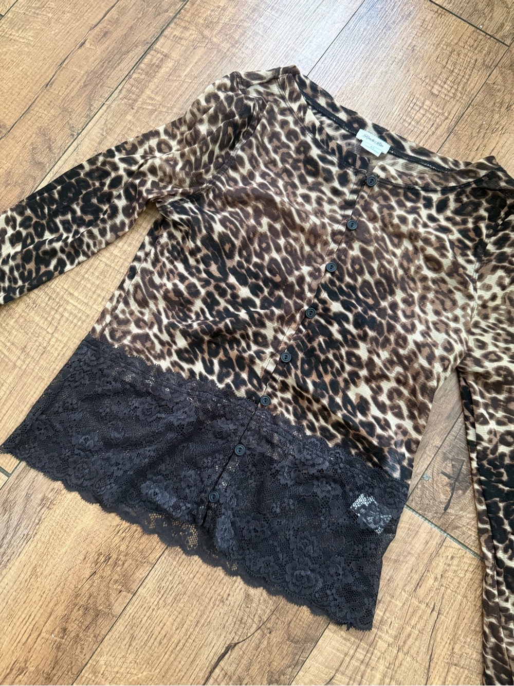 Urban Outfitters Sheer Leopard Print Button Front Top with Black Lace